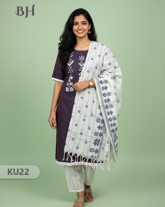 Pure Cotton Stitched 3 Piece Kurti Set with Full Length Lining – Sky Blue & Brown Double weaving