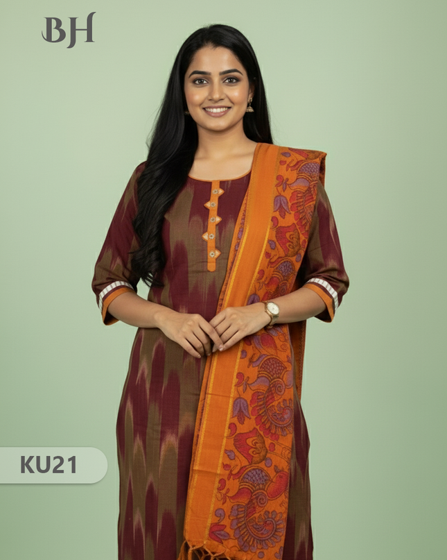 Brick Stitched 3 Piece Kurti Set with Full Length Lining – Traditional Wear for Women