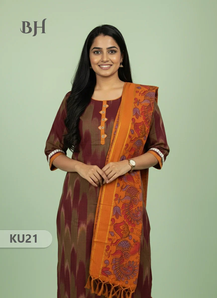 Brick Stitched 3 Piece Kurti Set with Full Length Lining – Traditional Wear for Women