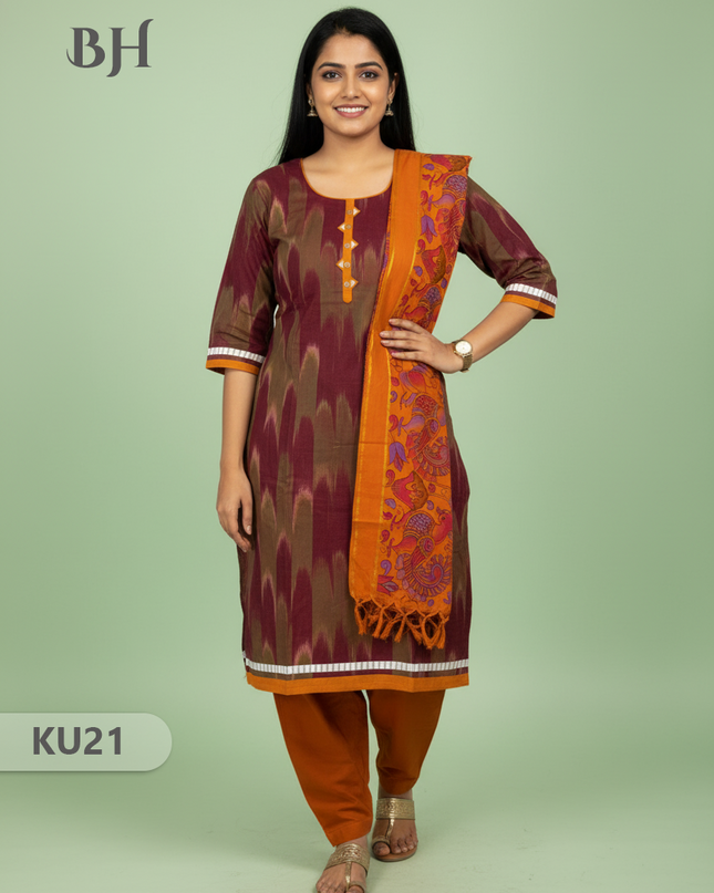Brick Stitched 3 Piece Kurti Set with Full Length Lining – Traditional Wear for Women