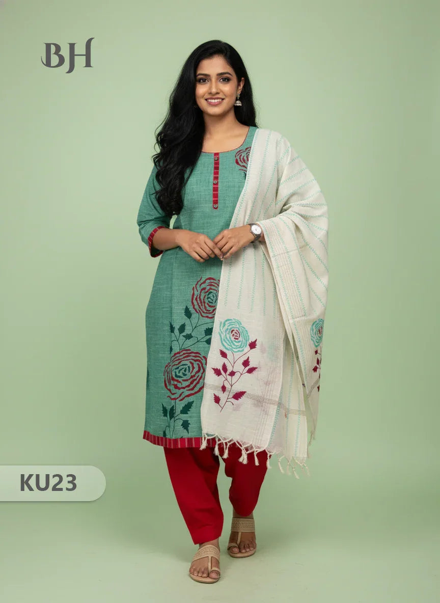 Light Green Stitched 3 Piece Kurti Set with Full Length Lining – Traditional Wear for Women