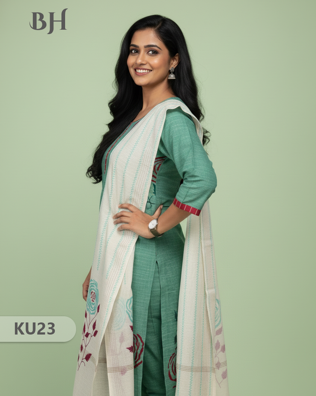 Light Green Stitched 3 Piece Kurti Set with Full Length Lining – Traditional Wear for Women