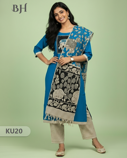 Blue Stitched 3 Piece Kurti Set with Full Length Lining – Traditional Wear for Women