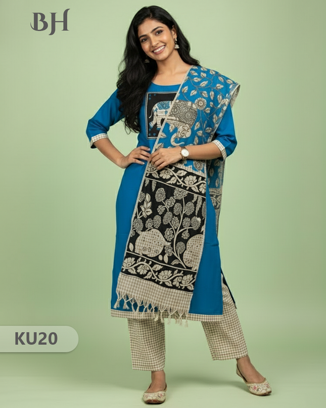 Blue Stitched 3 Piece Kurti Set with Full Length Lining – Traditional Wear for Women