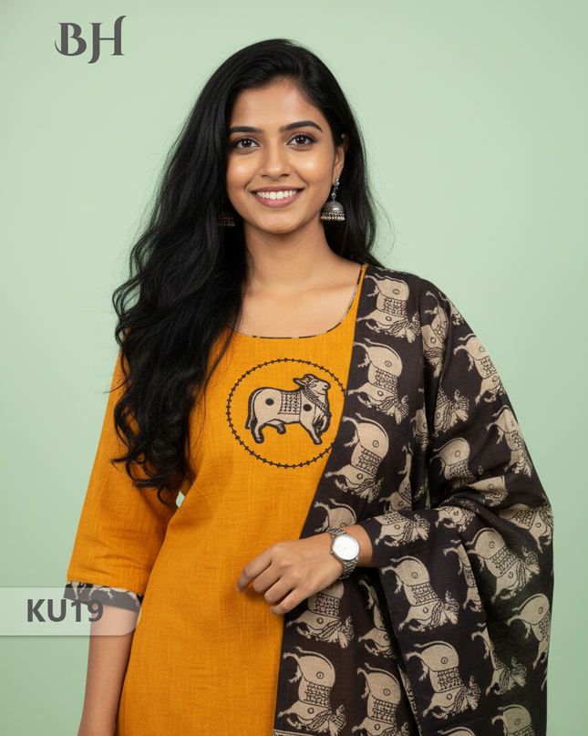 Yellow Stitched 3 Piece Kurti Set with Full Length Lining – Traditional Wear for Women