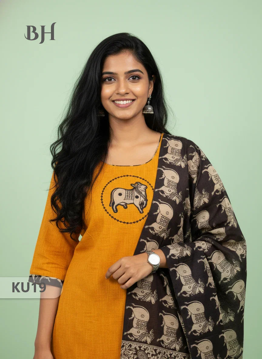 Yellow Stitched 3 Piece Kurti Set with Full Length Lining – Traditional Wear for Women