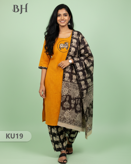 Yellow Stitched 3 Piece Kurti Set with Full Length Lining – Traditional Wear for Women
