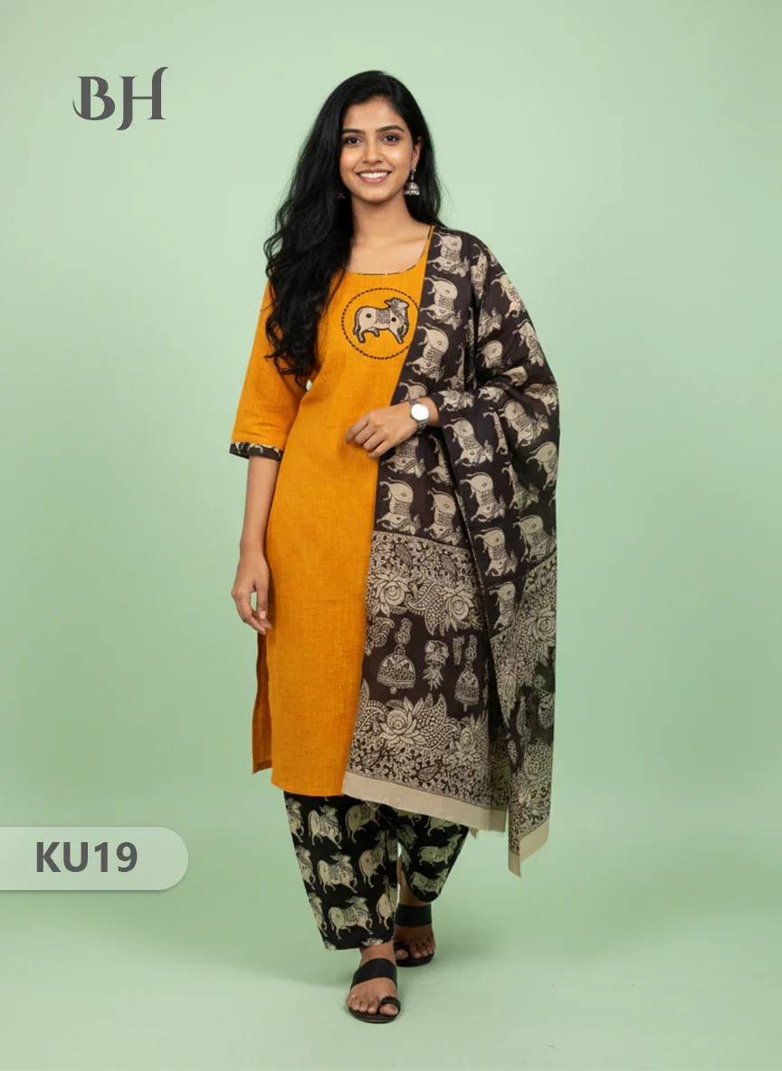 Yellow Stitched 3 Piece Kurti Set with Full Length Lining – Traditional Wear for Women