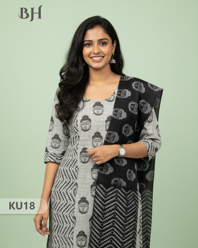 Gray Stitched 3 Piece Kurti Set with Full Length Lining – Lord Buddha Design