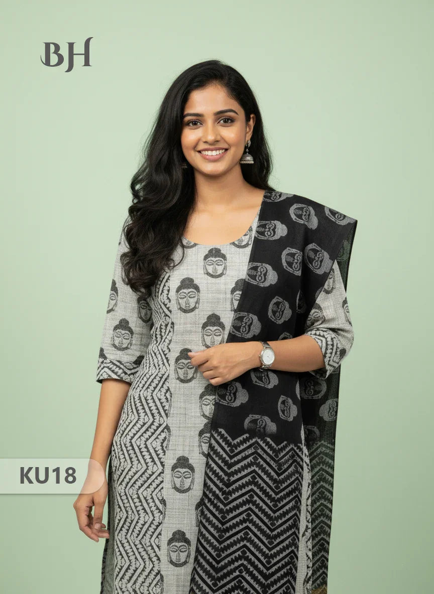 Gray Stitched 3 Piece Kurti Set with Full Length Lining – Lord Buddha Design