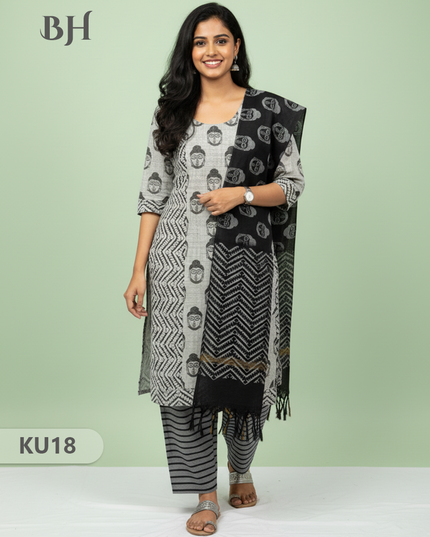 Gray Stitched 3 Piece Kurti Set with Full Length Lining – Lord Buddha Design
