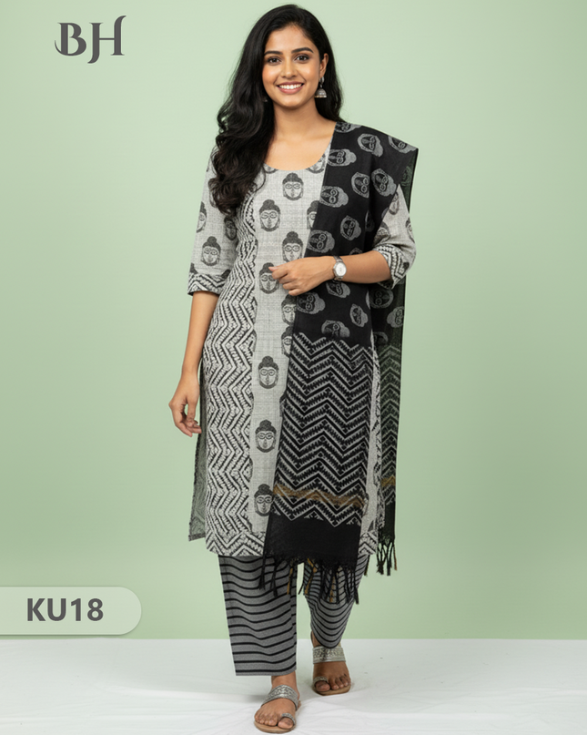 Gray Stitched 3 Piece Kurti Set with Full Length Lining – Lord Buddha Design