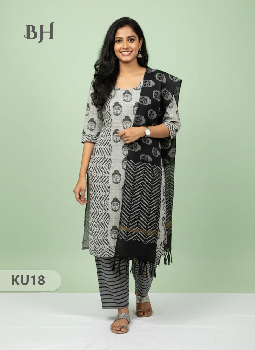 Gray Stitched 3 Piece Kurti Set with Full Length Lining – Lord Buddha Design