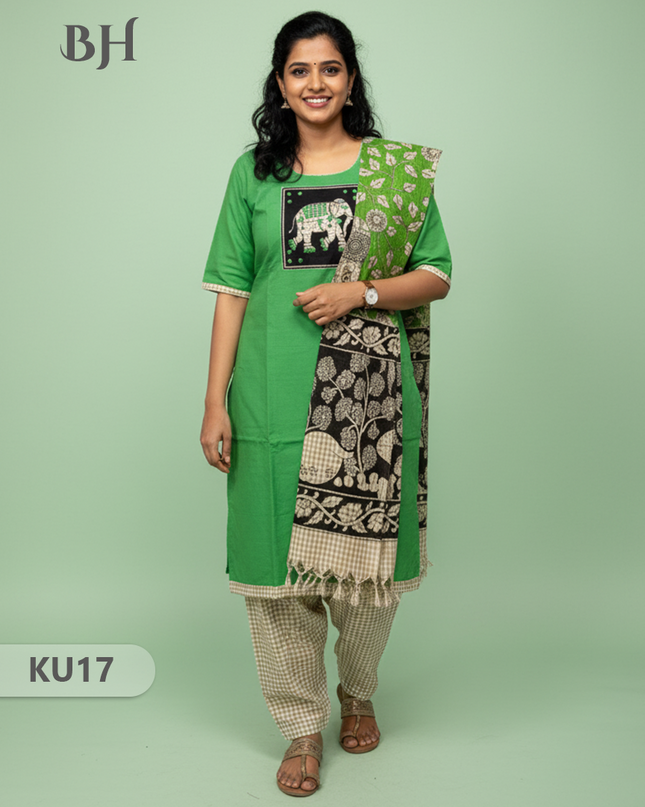 Green Stitched 3 Piece Kurti Set with Full Length Lining – Traditional Wear for Women