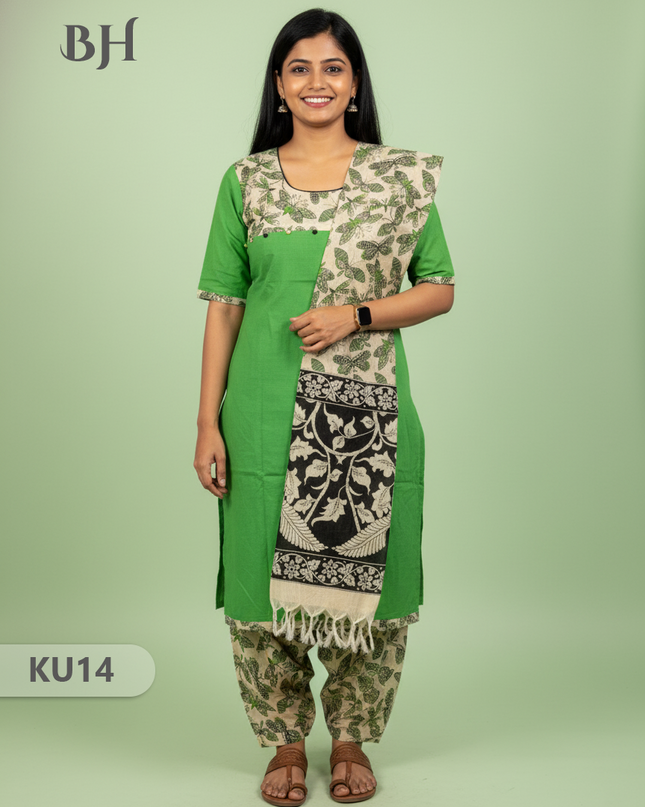 Green Stitched 3 Piece Kurti Set with Full Length Lining – Traditional Wear for Women