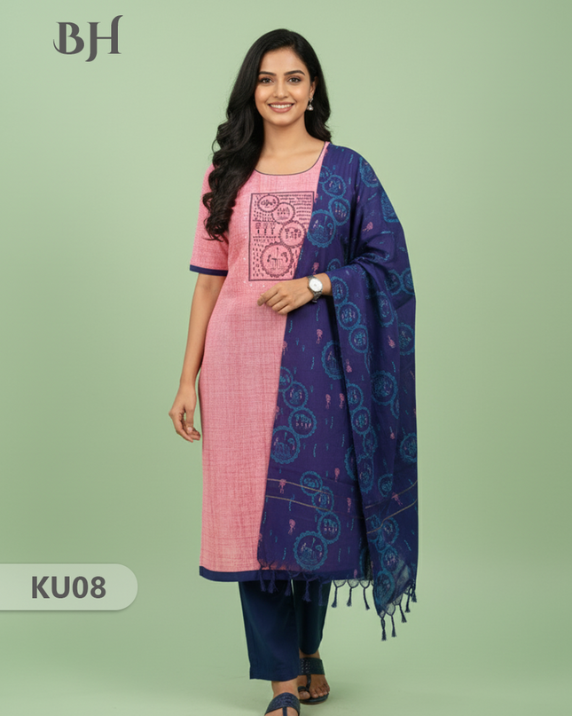 Cotton Readymade Straightcut Kurti Set with Pink Colour