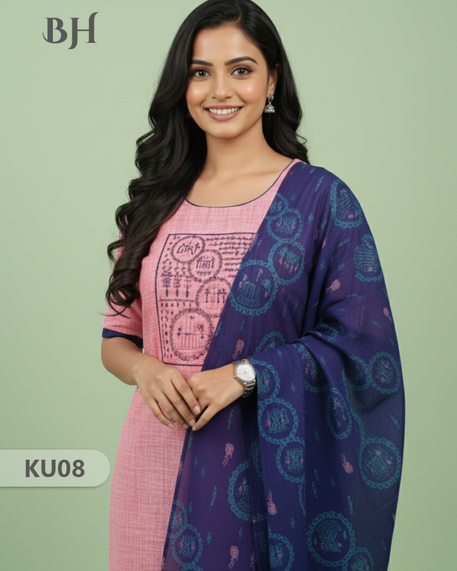 Cotton Readymade Straightcut Kurti Set with Pink Colour