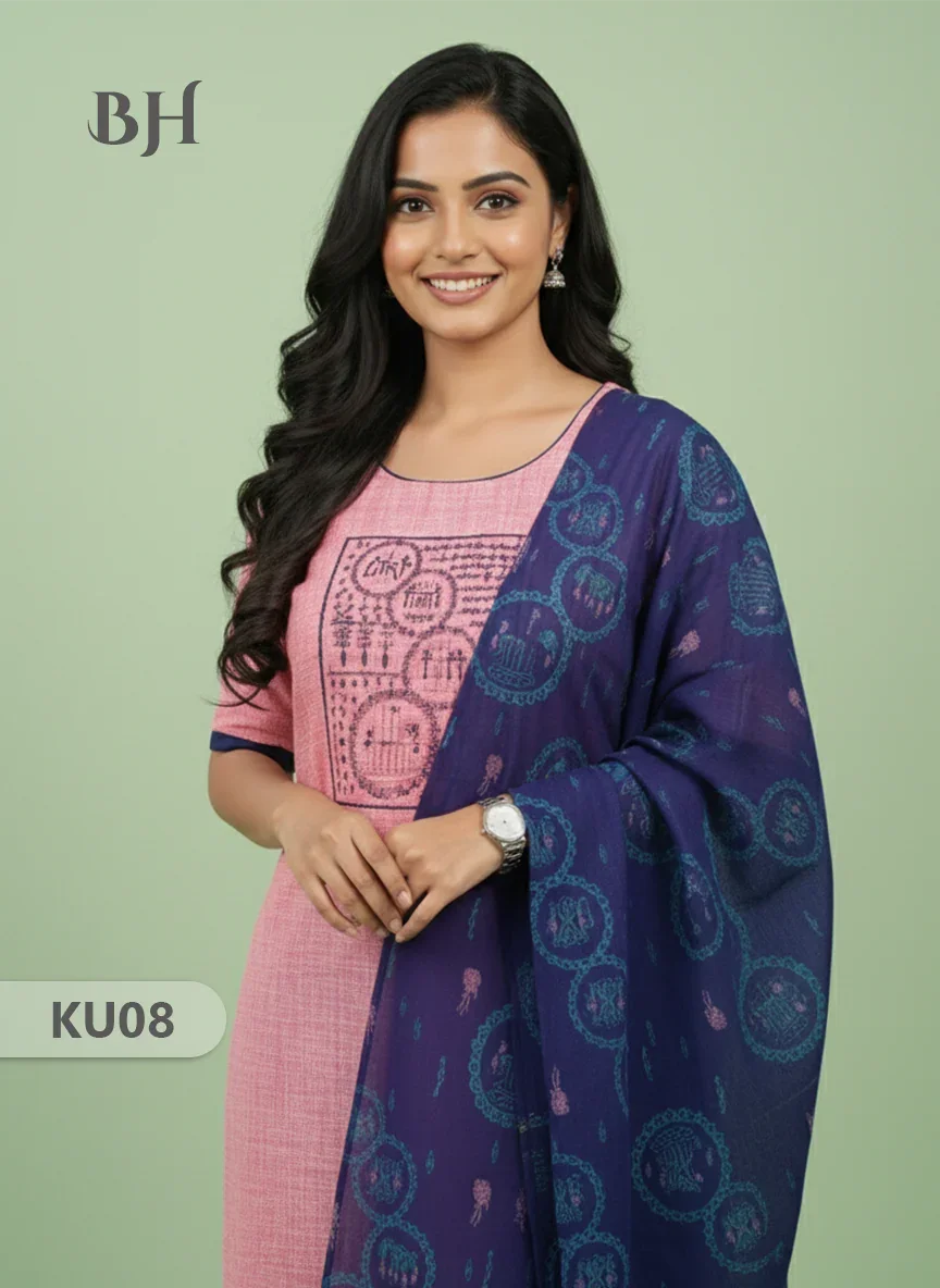 Cotton Readymade Straightcut Kurti Set with Pink Colour