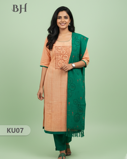 Cotton Readymade Straightcut Kurti Set with Peach Colour