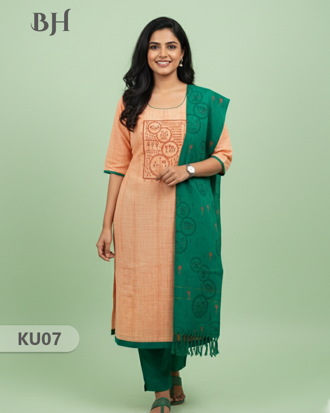 Cotton Readymade Straightcut Kurti Set with Peach Colour