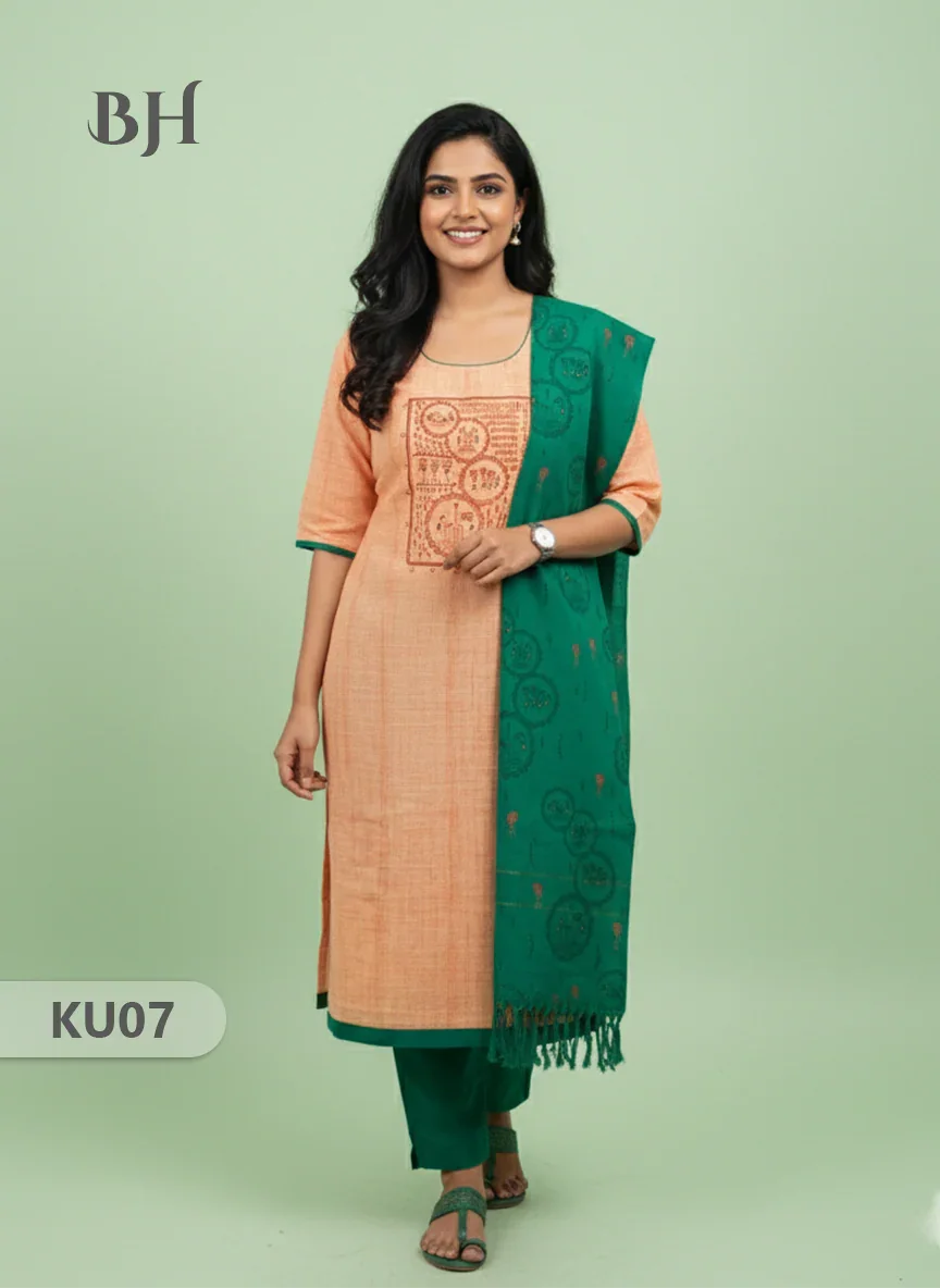 Cotton Readymade Straightcut Kurti Set with Peach Colour