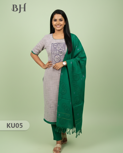 Cotton Readymade Straightcut Kurti Set with Grey Colour