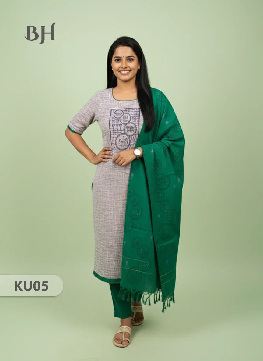 Cotton Readymade Straightcut Kurti Set with Grey Colour