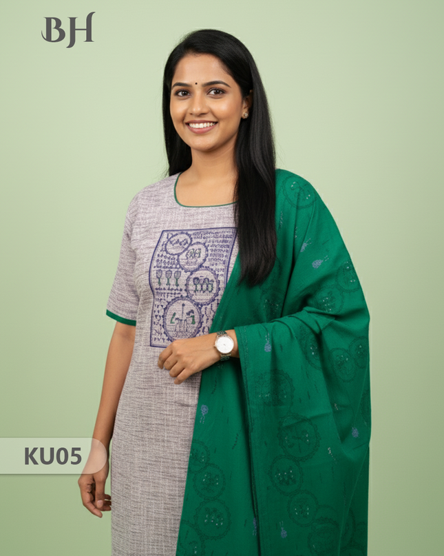 Cotton Readymade Straightcut Kurti Set with Grey Colour