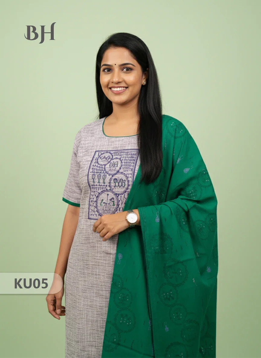 Cotton Readymade Straightcut Kurti Set with Grey Colour
