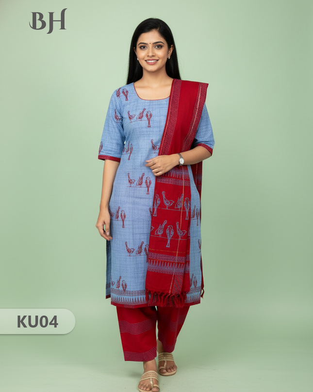 Cotton Readymade Straightcut Kurti Set Parrot Design