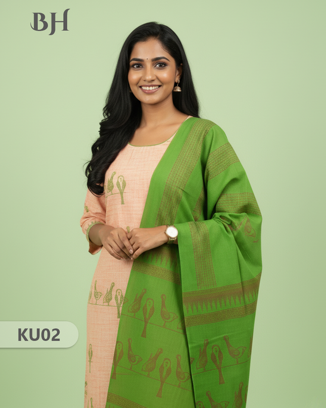 Cotton Readymade Straightcut Kurti Set Parrot Design