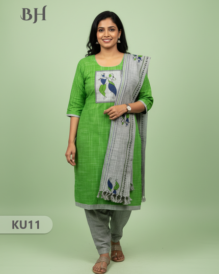 Radha Krishna Cotton Readymade Kurti for Women – Green Straight Cut with Full-Length Lining