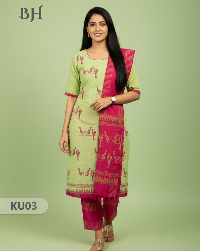 Cotton Readymade Straightcut Kurti Set Parrot Design