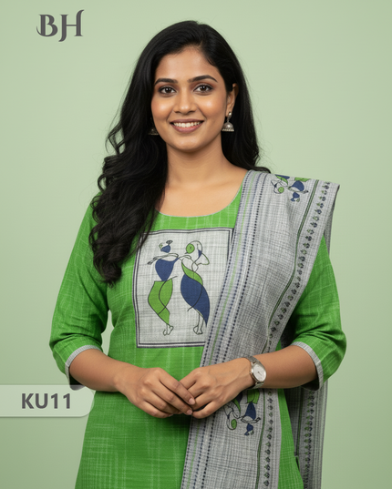 Radha Krishna Cotton Readymade Kurti for Women – Green Straight Cut with Full-Length Lining