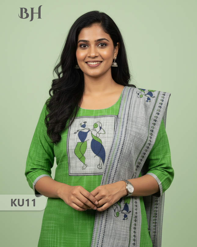 Radha Krishna Cotton Readymade Kurti for Women – Green Straight Cut with Full-Length Lining