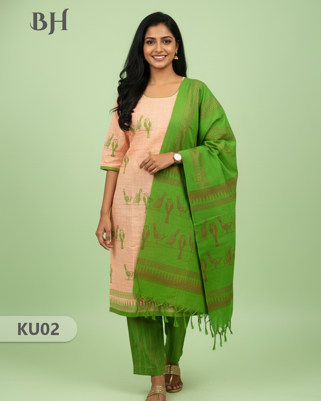 Cotton Readymade Straightcut Kurti Set Parrot Design