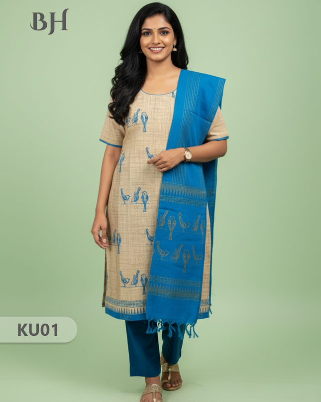 Cotton Readymade Straightcut Kurti Set Parrot Design