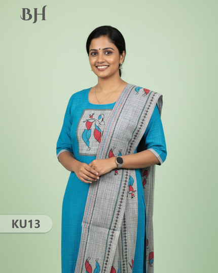 Radha Krishna Printed Cotton Readymade Kurti for Women – Sky Blue Straight Cut Kurti with Full-Length Lining