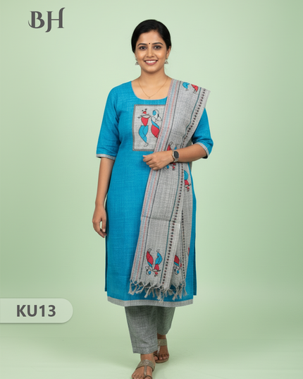 Radha Krishna Printed Cotton Readymade Kurti for Women – Sky Blue Straight Cut Kurti with Full-Length Lining