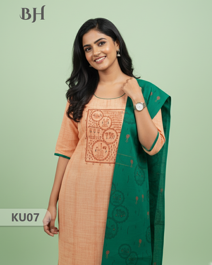 Cotton Readymade Straightcut Kurti Set with Peach Colour