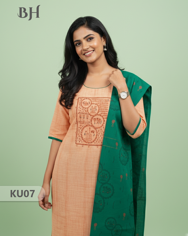 Cotton Readymade Straightcut Kurti Set with Peach Colour
