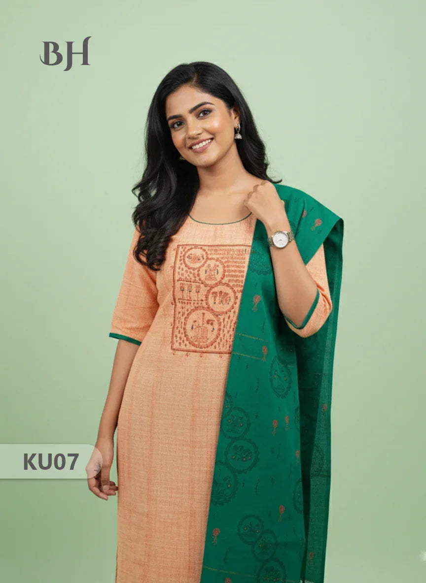 Cotton Readymade Straightcut Kurti Set with Peach Colour