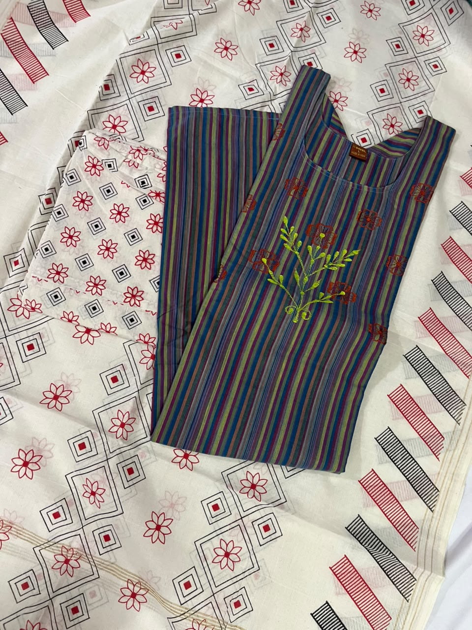 Premium Multicolor Cotton 3PC Kurti Set with Embroidered Design | Ready to Wear