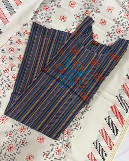 Premium Multicolor Cotton 3PC Kurti Set with Embroidered Design | Ready to Wear
