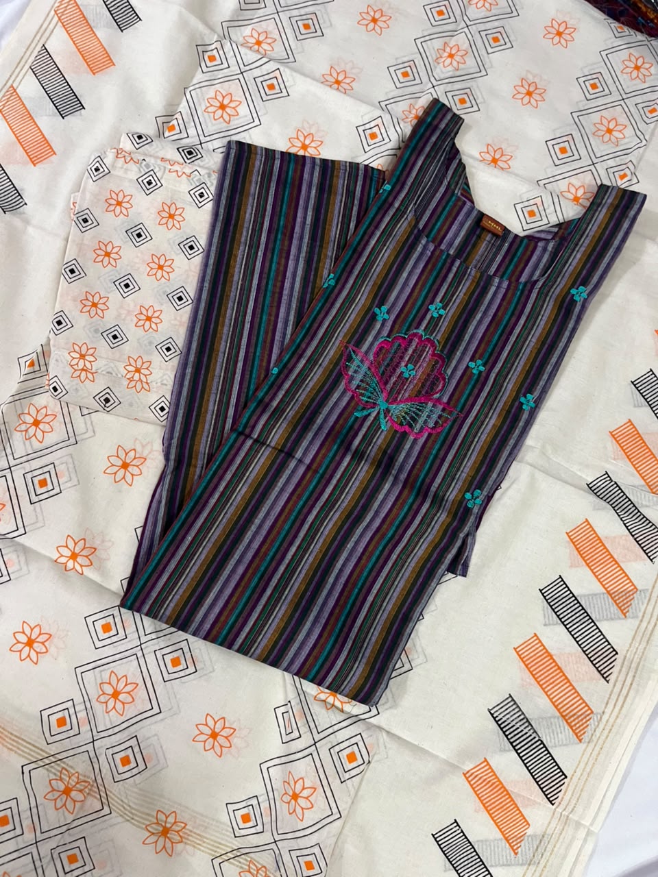 Premium Multicolor Cotton 3PC Kurti Set with Embroidered Design | Ready to Wear