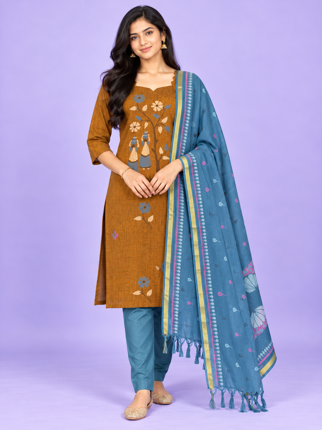 Traditional Gollabhama Print Cotton 3PC Kurti Set in Mustard Brown & Steel Blue | Cut Work Neck Design | Free Style Bottom | Ready to Wear