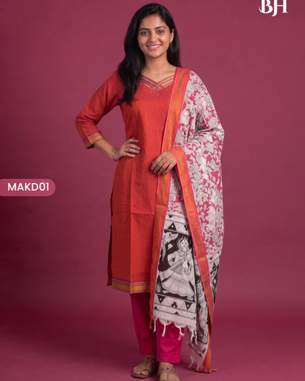 Premium Mangalagiri 3PC Kurti Set with Boutique Style Neck Design & Kalamkari Dupatta | Rust Orange Colour | Ready to Wear
