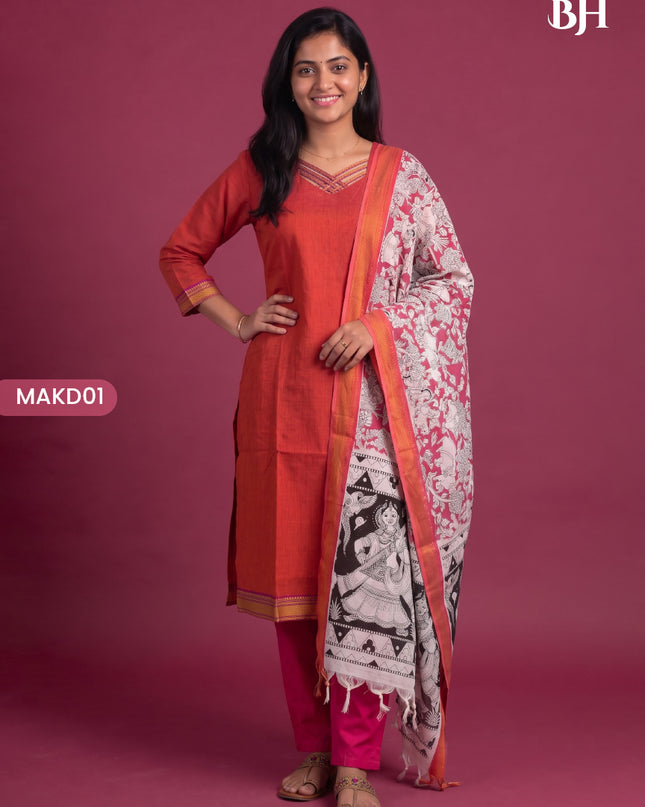 Premium Mangalagiri 3PC Kurti Set with Boutique Style Neck Design & Kalamkari Dupatta | Rust Orange Colour | Ready to Wear