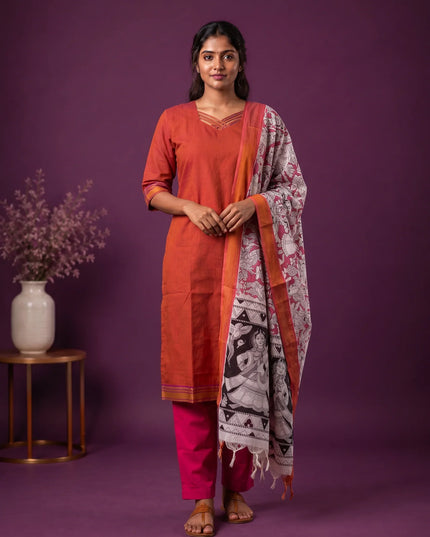 Premium Mangalagiri 3PC Kurti Set with Boutique Style Neck Design & Kalamkari Dupatta | Rust Orange Colour | Ready to Wear