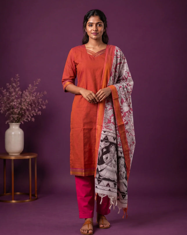 Premium Mangalagiri 3PC Kurti Set with Boutique Style Neck Design & Kalamkari Dupatta | Rust Orange Colour | Ready to Wear